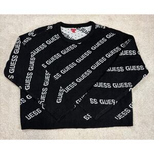 Guess Crew Neck Black Knit Sweater White Lettering Logo Size XL
